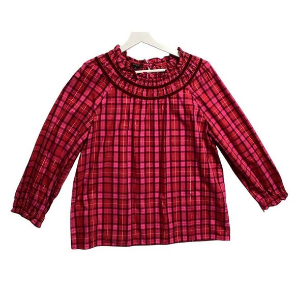 TALBOTS  velvet trim ruffled popover-moonlight plaid L - Picture 1 of 3